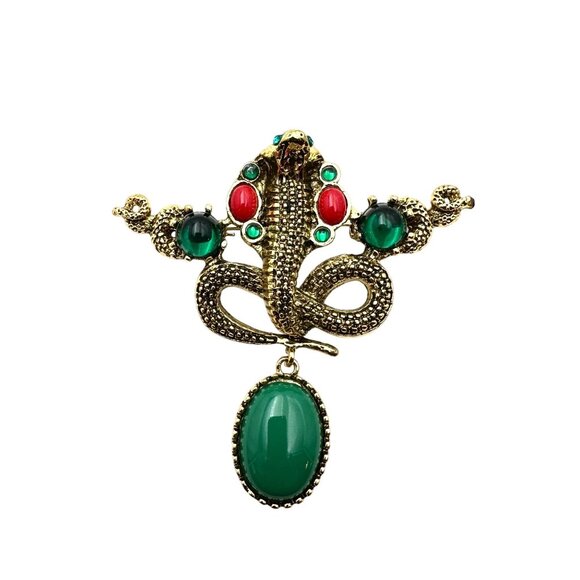 Womens Brooch Pin Cobra Snake Red Green Cabochon Gold Tone Vintage Style - Picture 2 of 4
